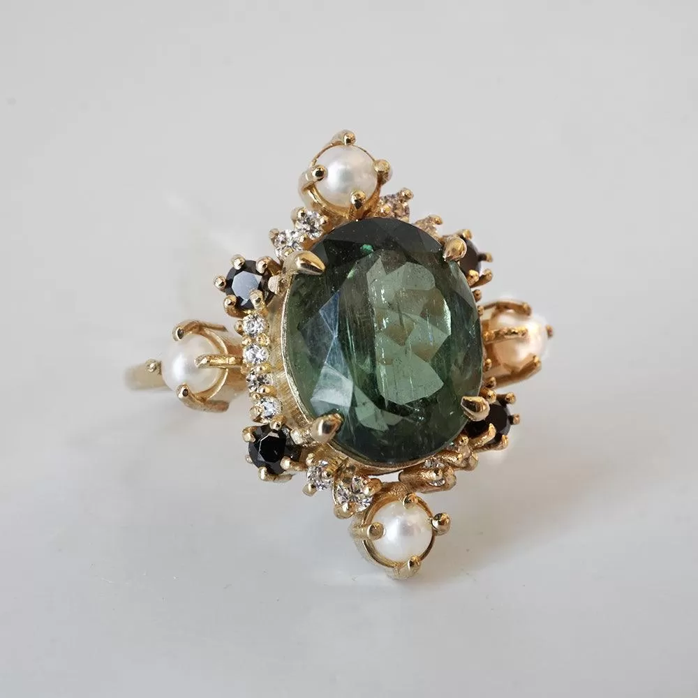 Limited Edition: Green Tourmaline Elsa Black & White Diamond Pearl Ring