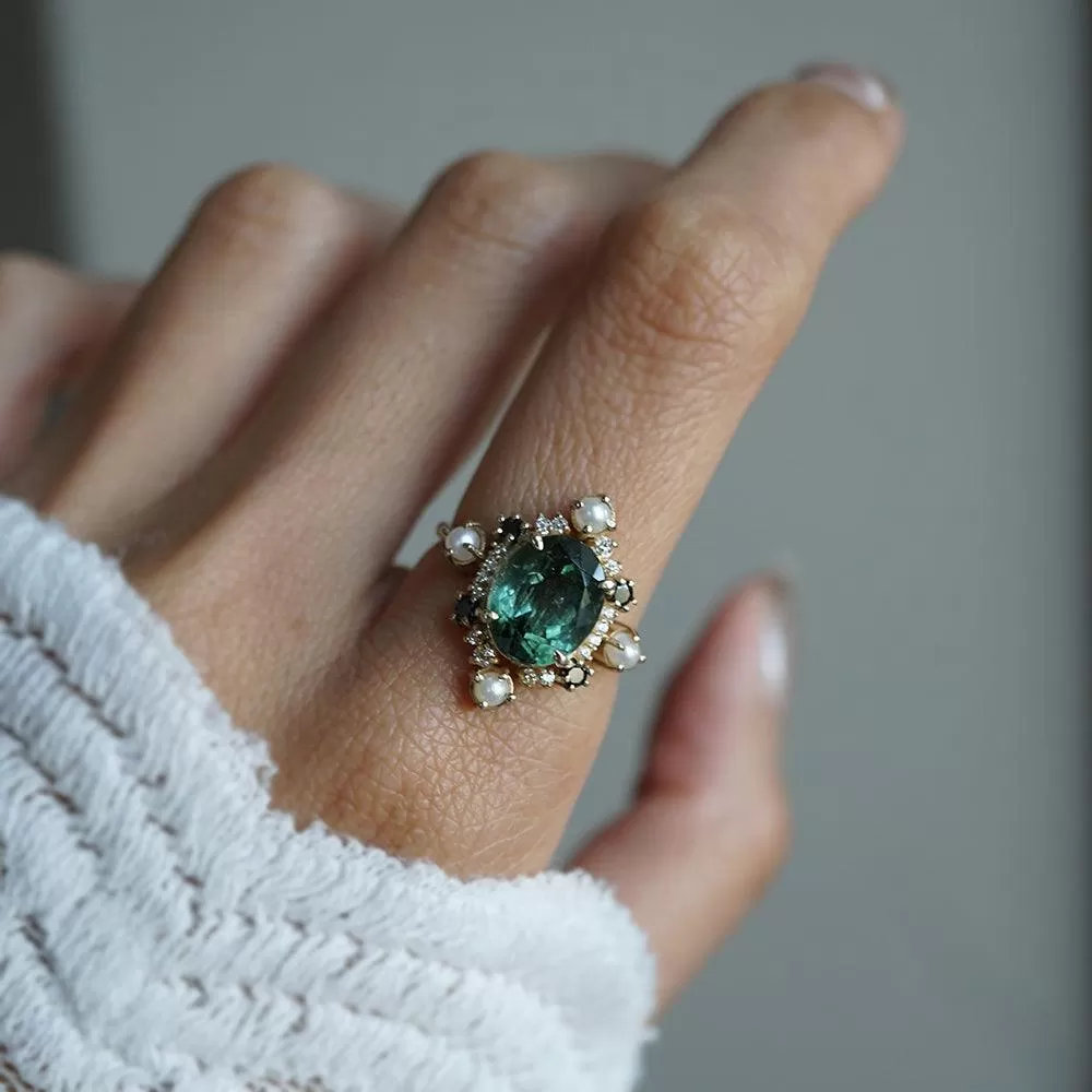 Limited Edition: Green Tourmaline Elsa Black & White Diamond Pearl Ring