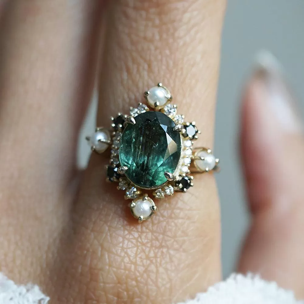 Limited Edition: Green Tourmaline Elsa Black & White Diamond Pearl Ring