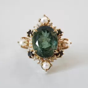 Limited Edition: Green Tourmaline Elsa Black & White Diamond Pearl Ring