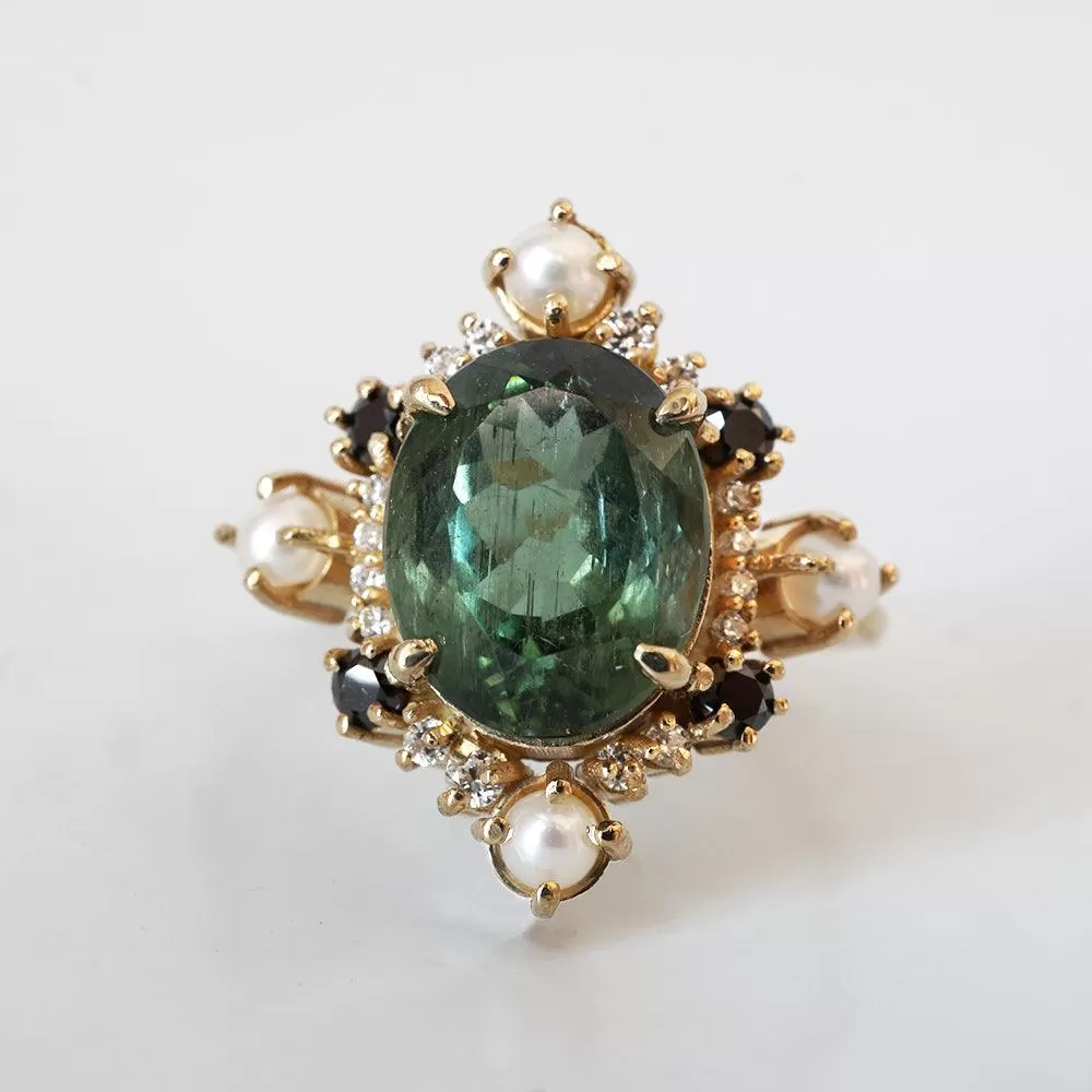 Limited Edition: Green Tourmaline Elsa Black & White Diamond Pearl Ring