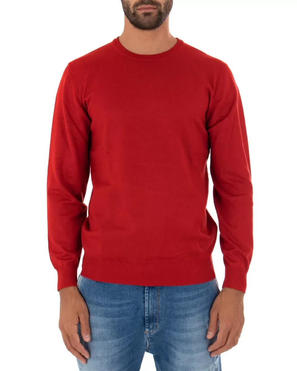 Maglioncino Uomo Casual Maglia Girocollo Tinta Unita Basic Rosso GIOSAL-M2498A