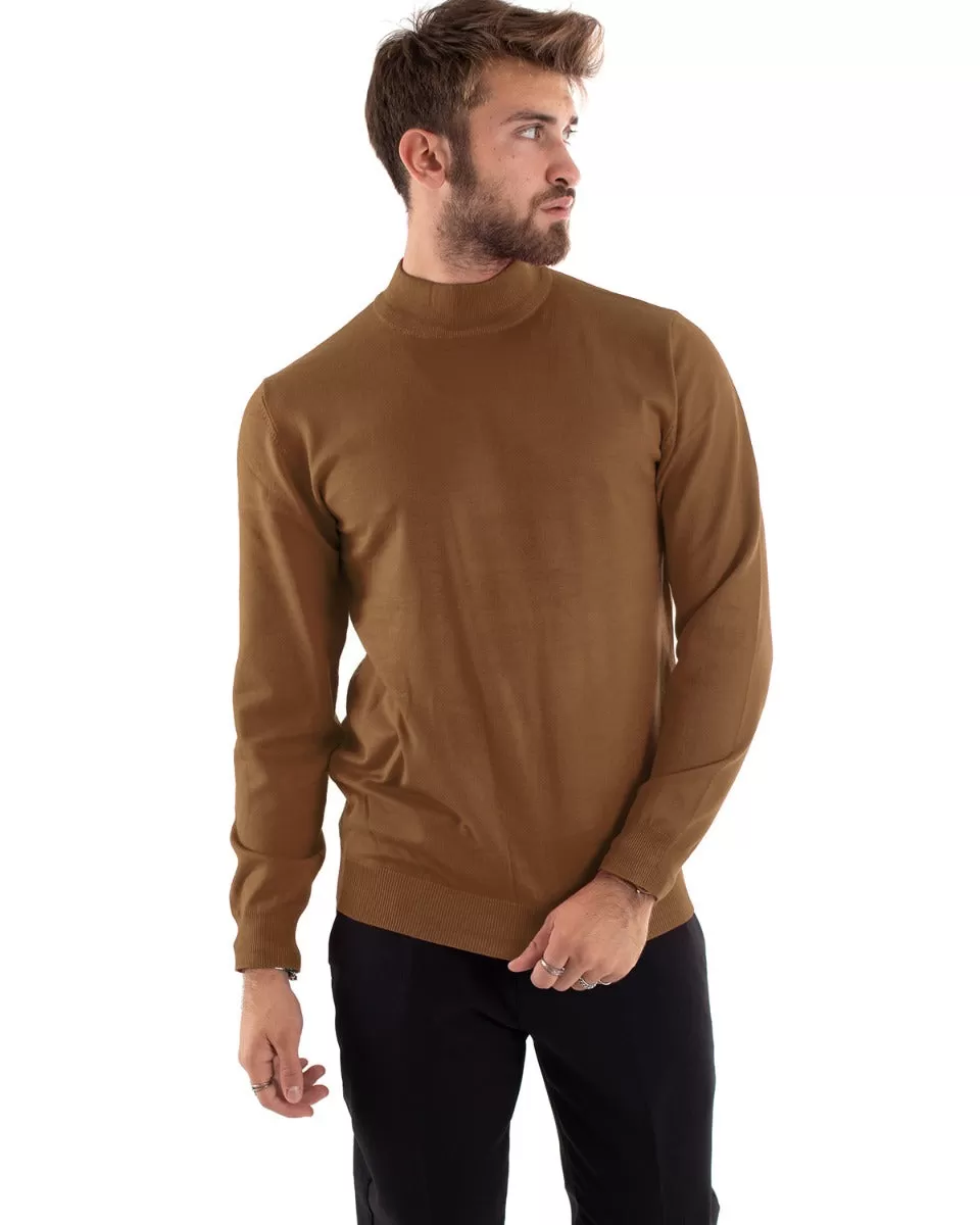 Maglioncino Uomo Maglia Maniche Lunghe Mezzo Collo Elastico Tinta Unita Camel GIOSAL-M2608A