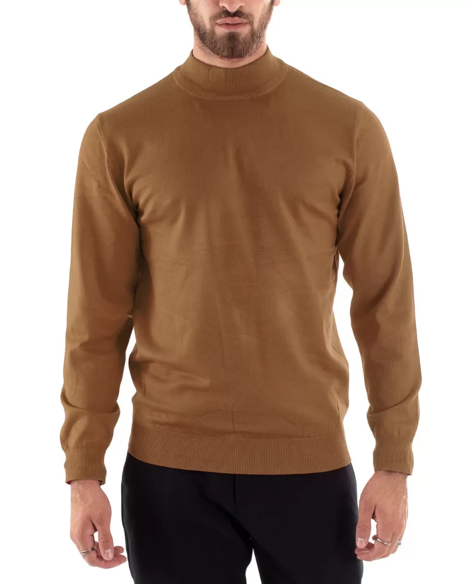 Maglioncino Uomo Maglia Maniche Lunghe Mezzo Collo Elastico Tinta Unita Camel GIOSAL-M2608A