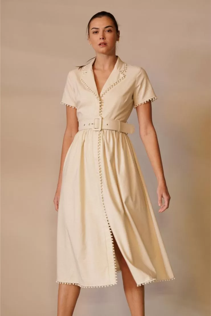 Mary Jane Pearl Trimmed Ivory Linen Midi Dress