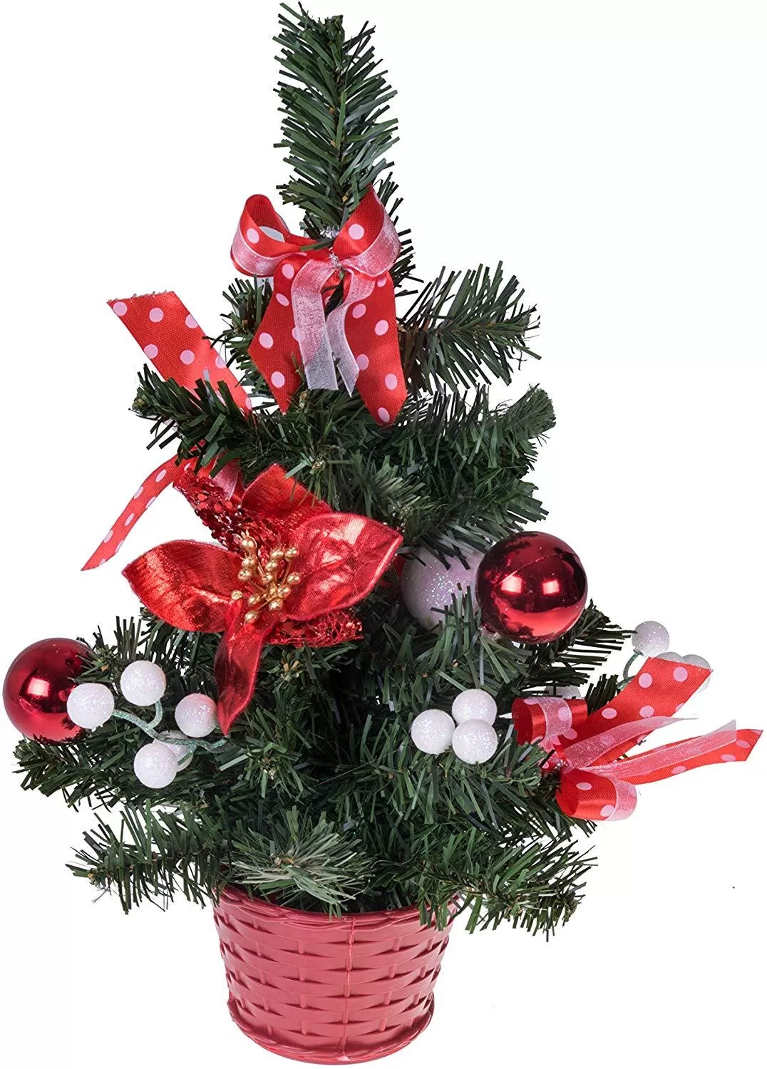 Mini Artificial Christmas Tree with Ribbon, Ball Ornaments Red and White Xmas Decor