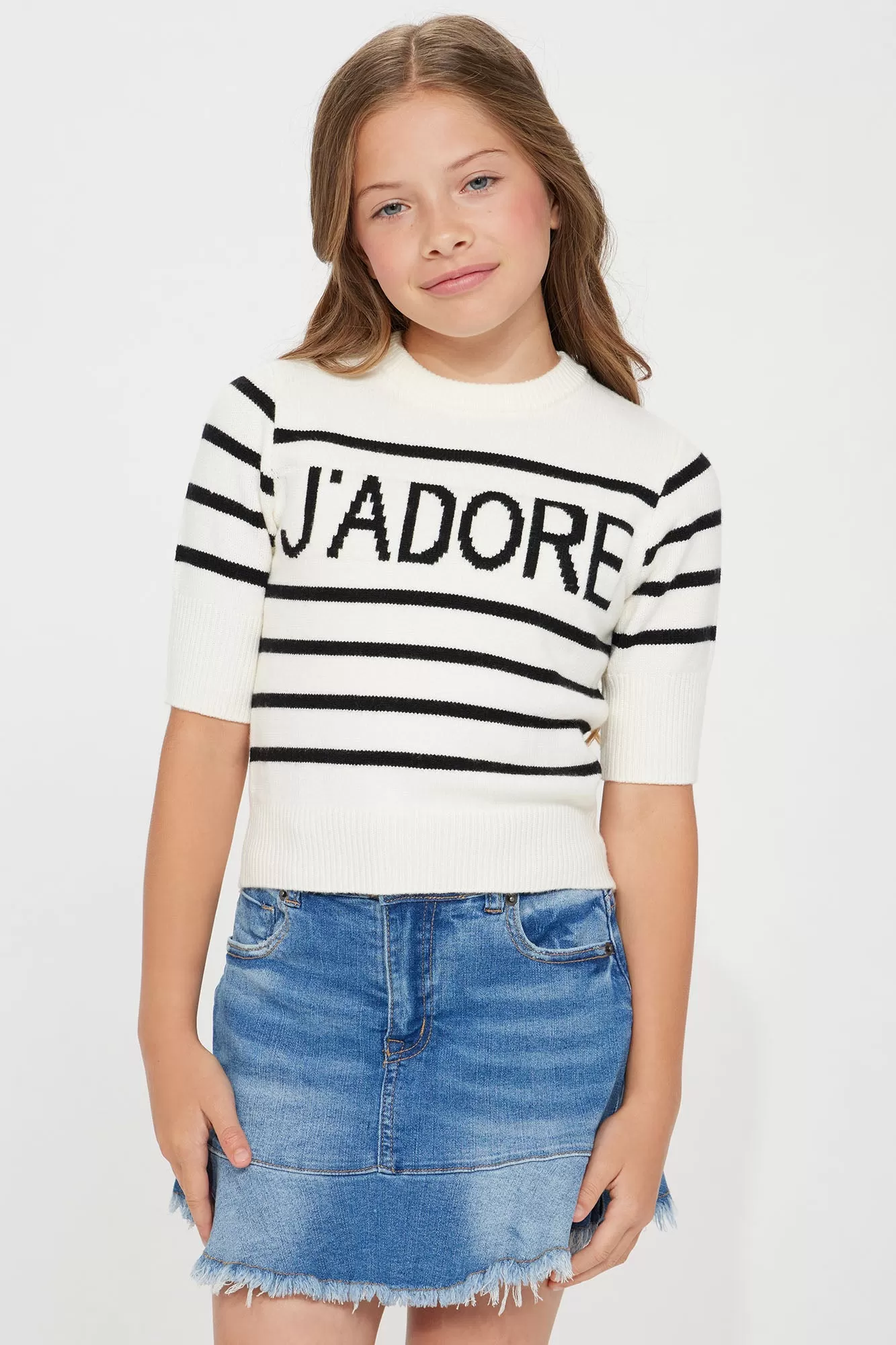 Mini J'adore Striped Short Sleeve Sweater - Ivory