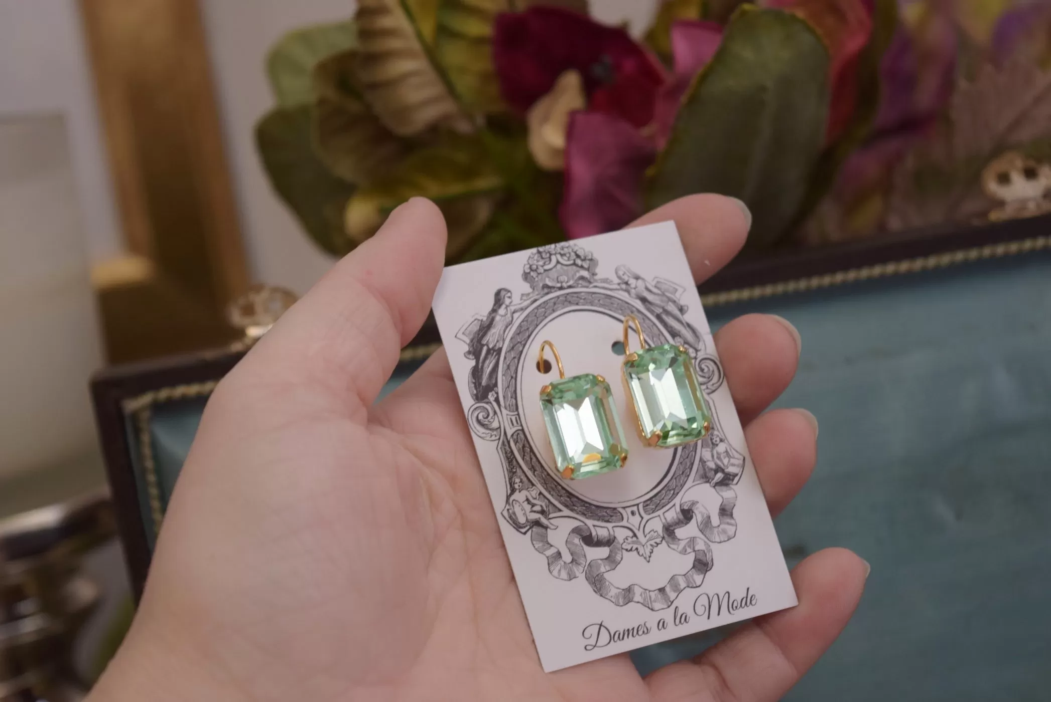 Mint Green Aurora Crystal Earrings - Large Octagon - ON SALE