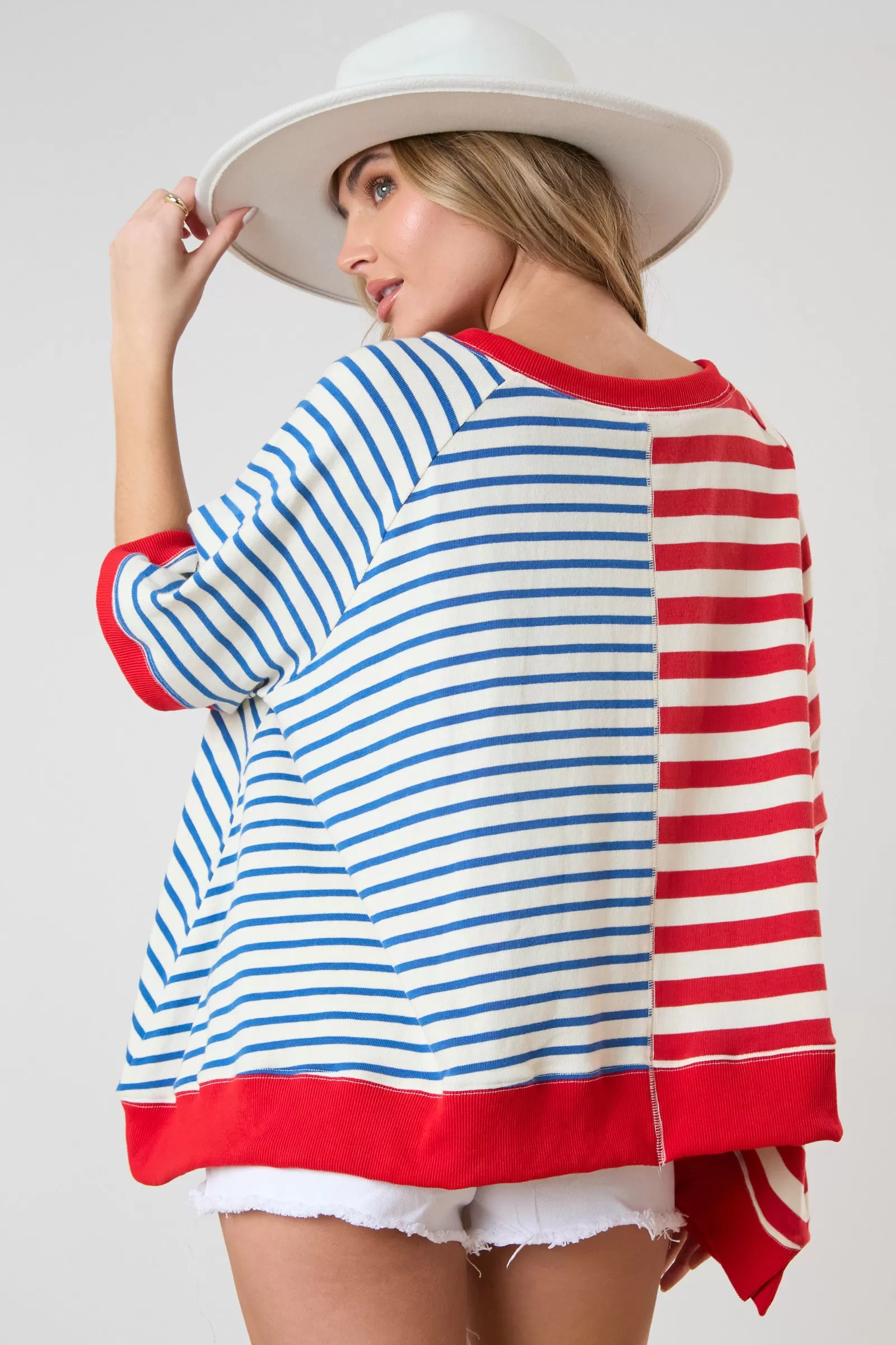 Mixed Multi Stripe Short Sleeve Oversized Sweatshirt