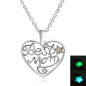 Mom Glow Silver Heart Glow-in-the-Dark Pendant Necklace