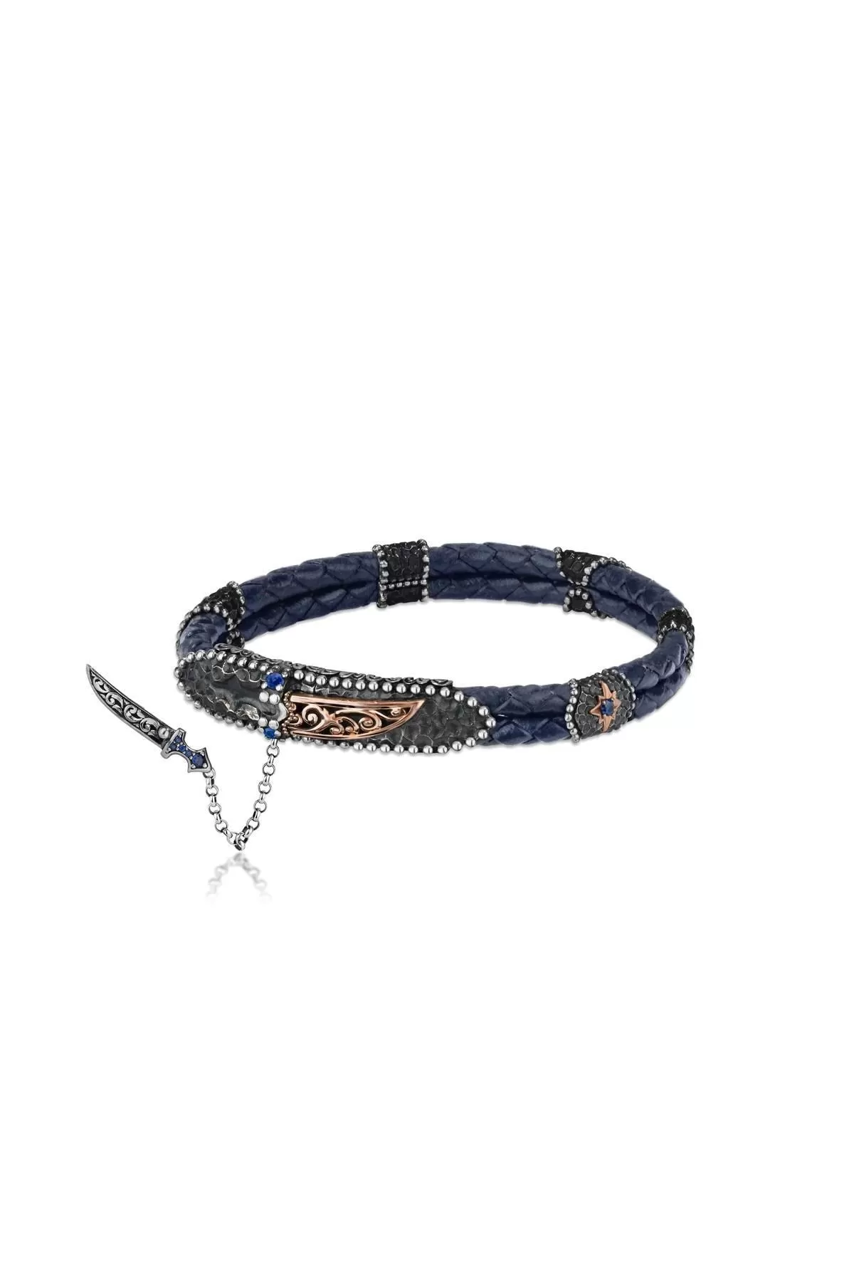 Navy Blue - Genuine Leather Silver Bracelet with Unique Sword Lock Design