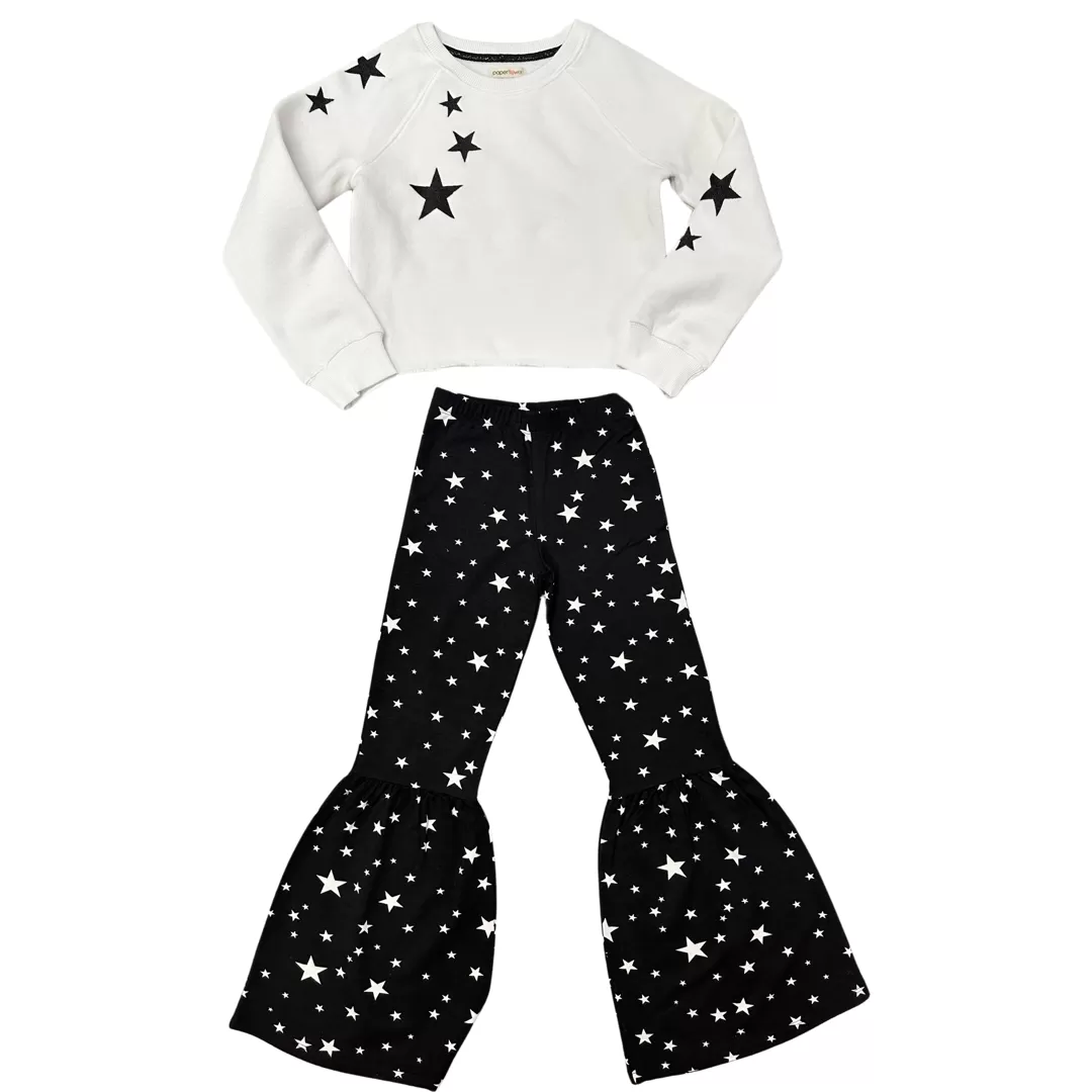 Paper Flower Embroider Stars Crop White Sweatshirt