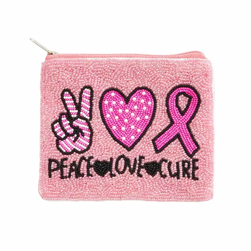 Peace Love Cure Message Heart Pink Ribbon Mini Pouch Bag