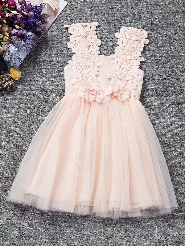 Pearl Pink Lace Applique Tutu Flower Girl Dresses Short Beading Kids Dinner Party Dresses