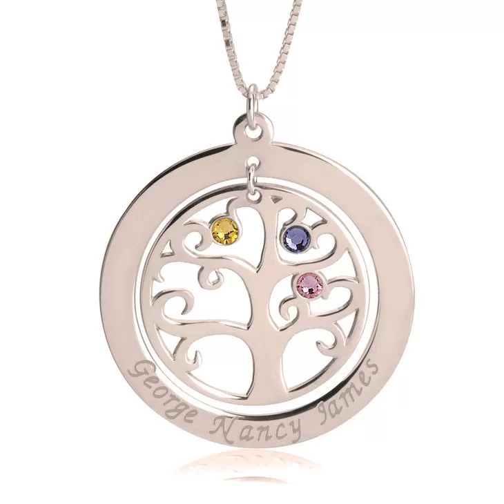 Personalized Rose Gold Family Tree Birthstone Necklace