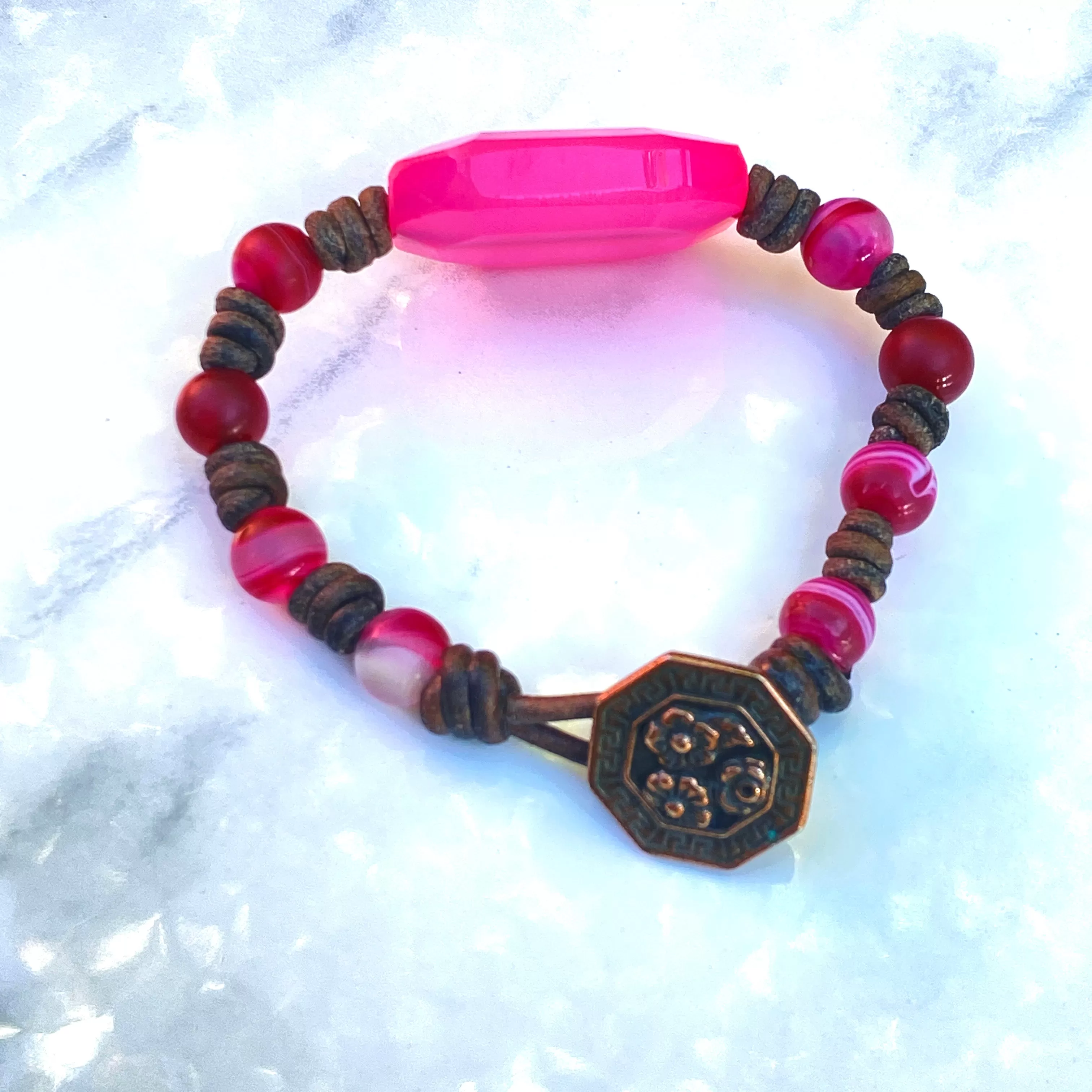 Pink Agate gemstone hand knotted Leather Bracelet