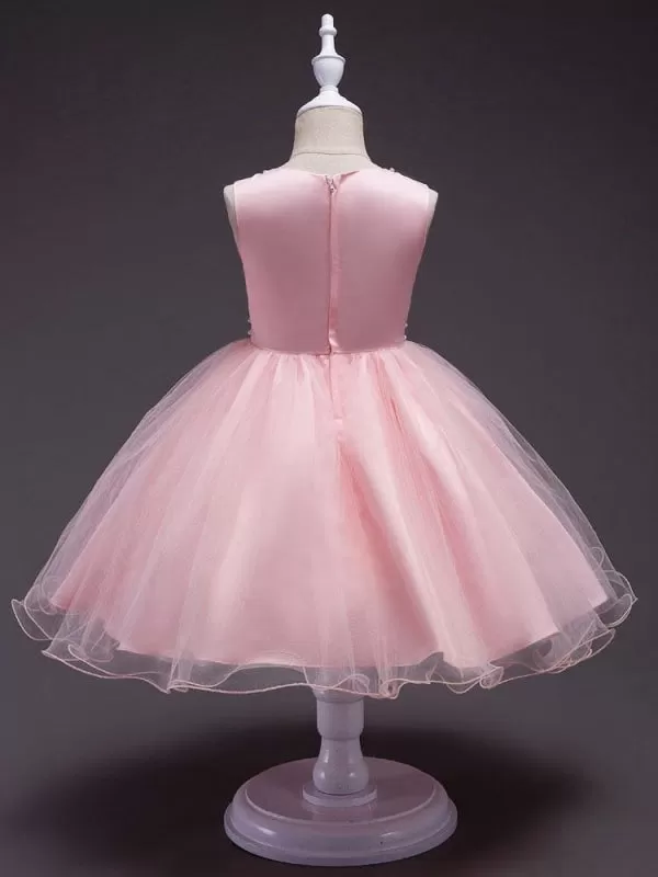 Pink Flower Girl Dresses Round Neck Rhinestones Sleeveless Tutu Dress