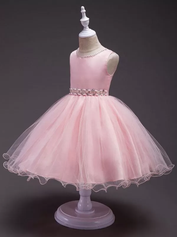 Pink Flower Girl Dresses Round Neck Rhinestones Sleeveless Tutu Dress