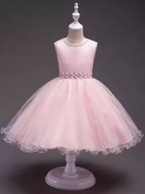 Pink Flower Girl Dresses Round Neck Rhinestones Sleeveless Tutu Dress