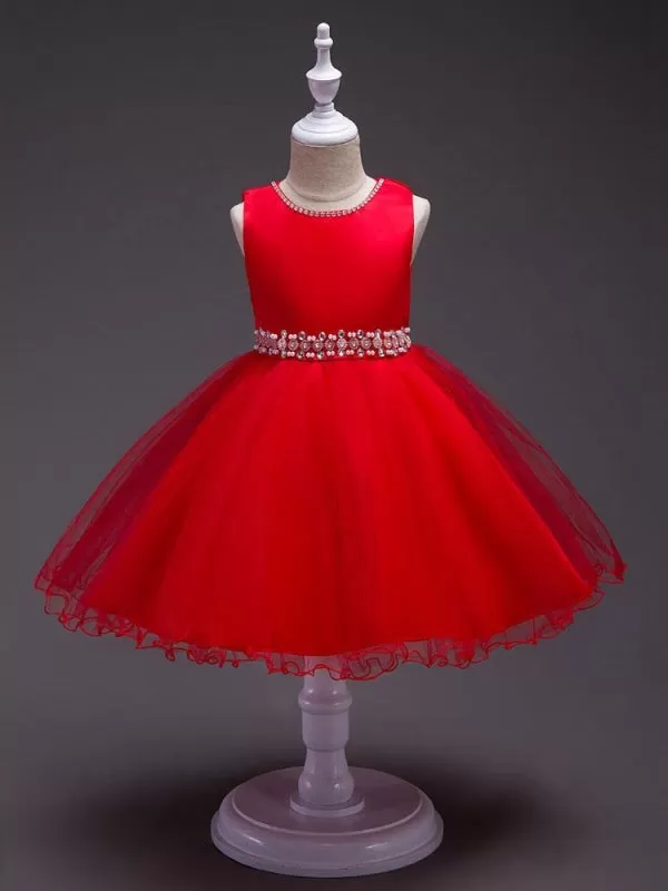 Pink Flower Girl Dresses Round Neck Rhinestones Sleeveless Tutu Dress