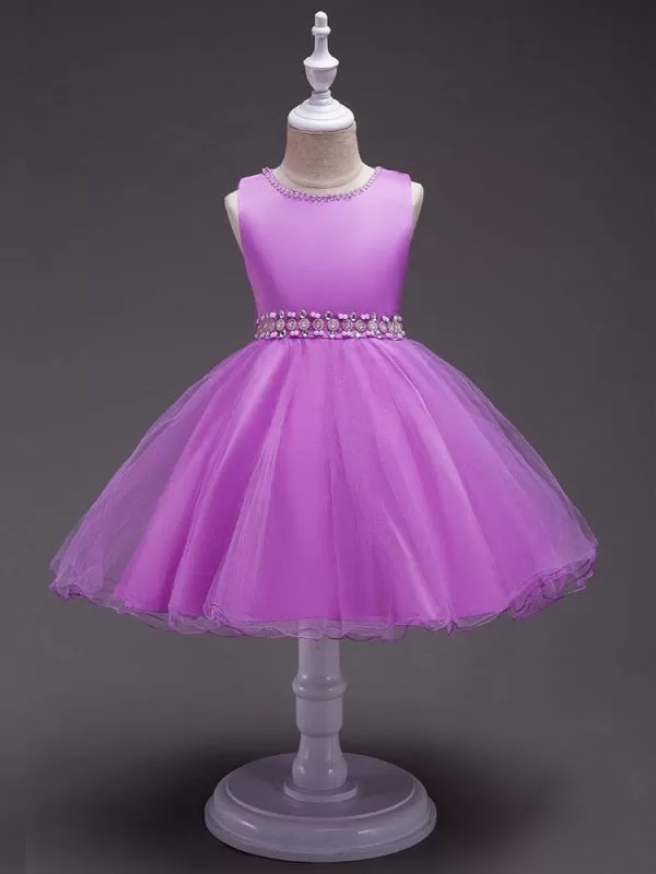 Pink Flower Girl Dresses Round Neck Rhinestones Sleeveless Tutu Dress