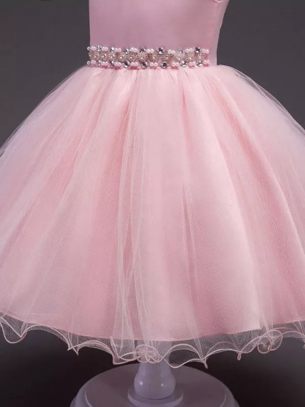 Pink Flower Girl Dresses Round Neck Rhinestones Sleeveless Tutu Dress