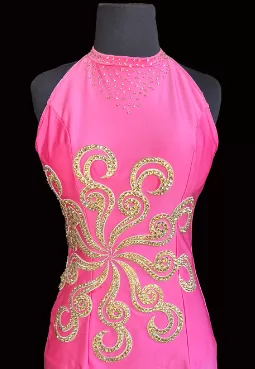 Pink Latin Dress with Halter Neckline, Gold Lace Appliqué, Stones, and Bugle Bead Tassels on Soft Hemline Sz M Lat185