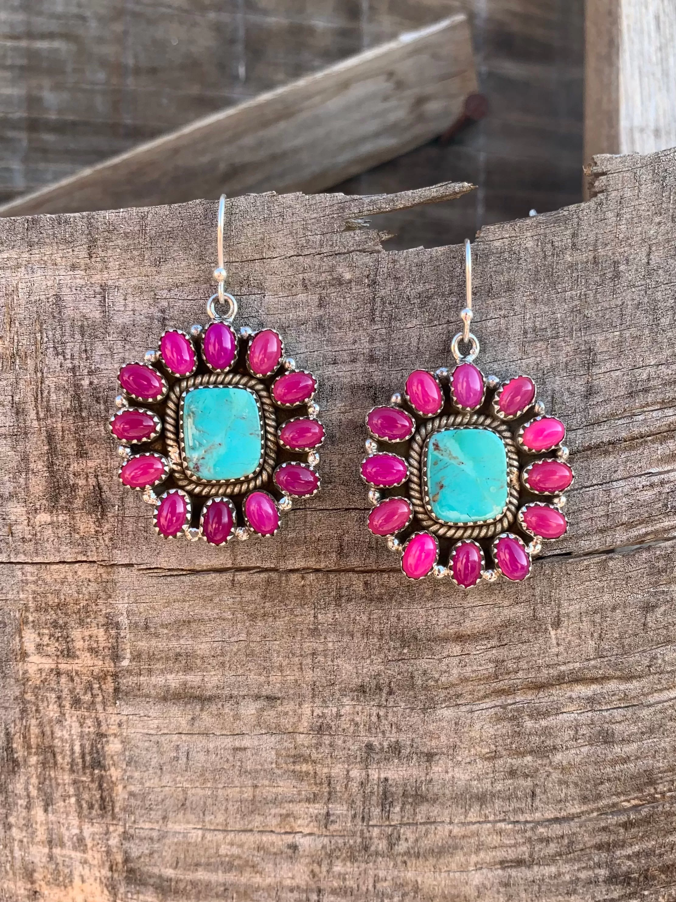 Pink Onyx & Turquoise Cluster earrings