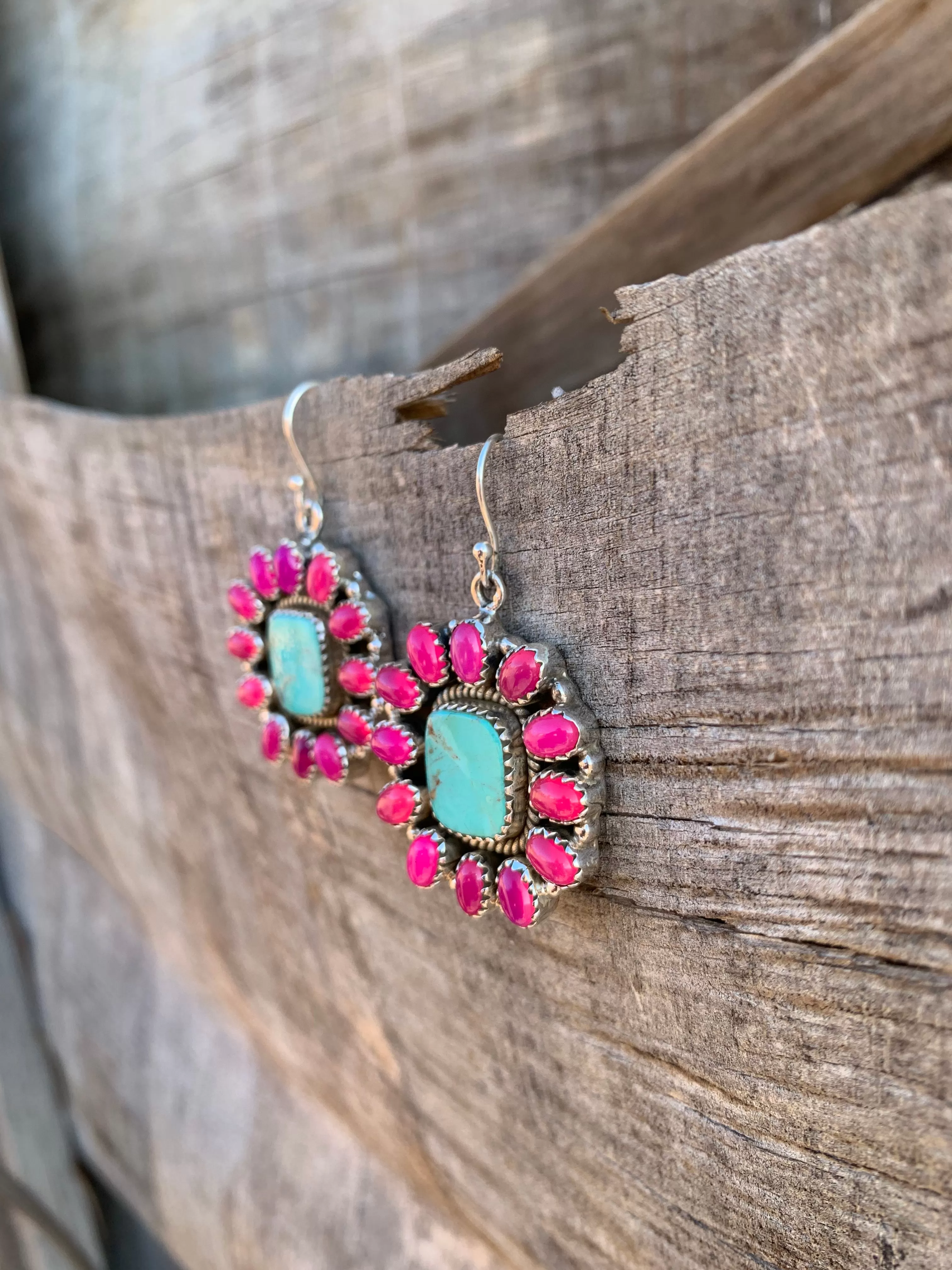 Pink Onyx & Turquoise Cluster earrings