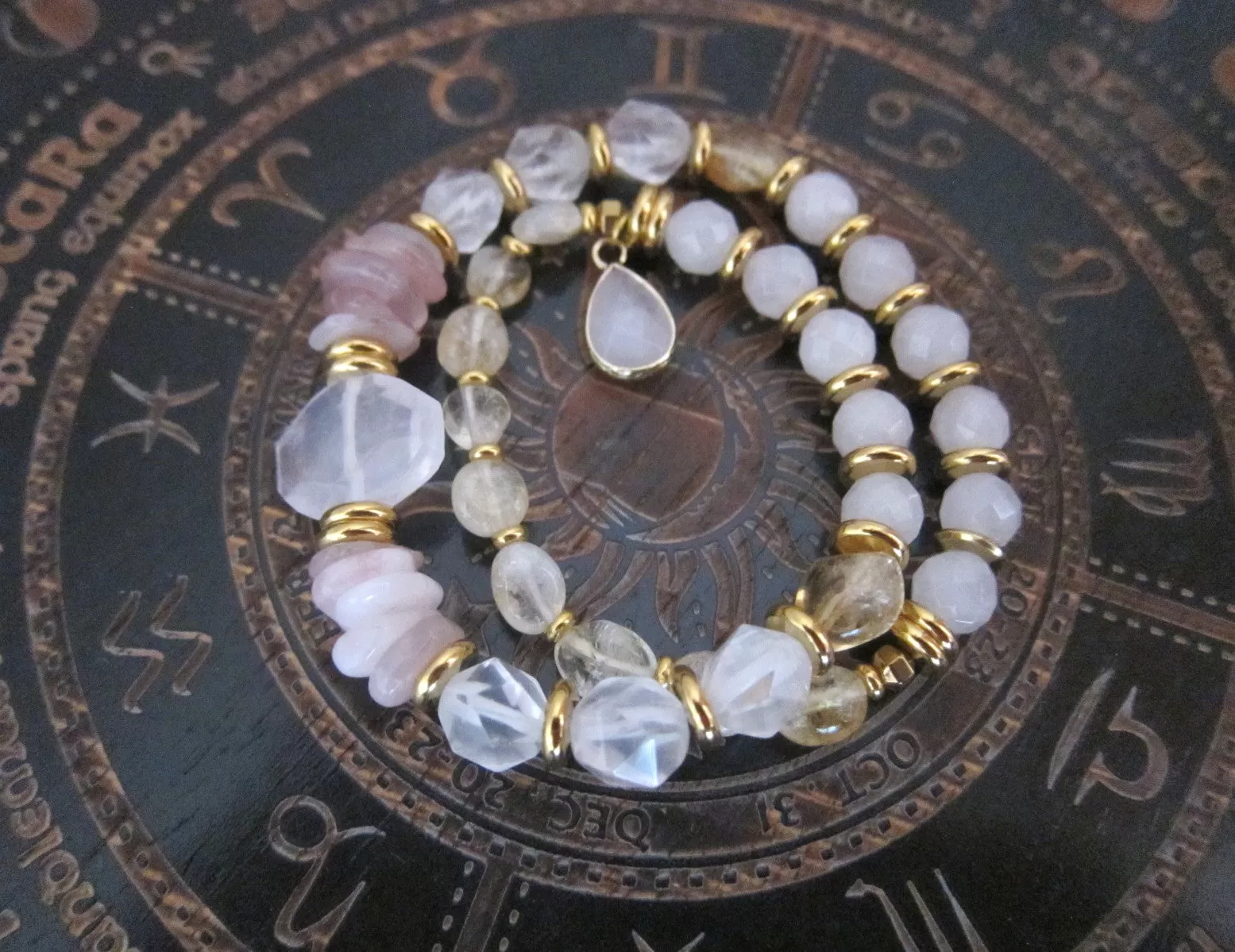 Pink Quartz and Citrine - For Love, Happiness, Good Luck Mala Bracelet