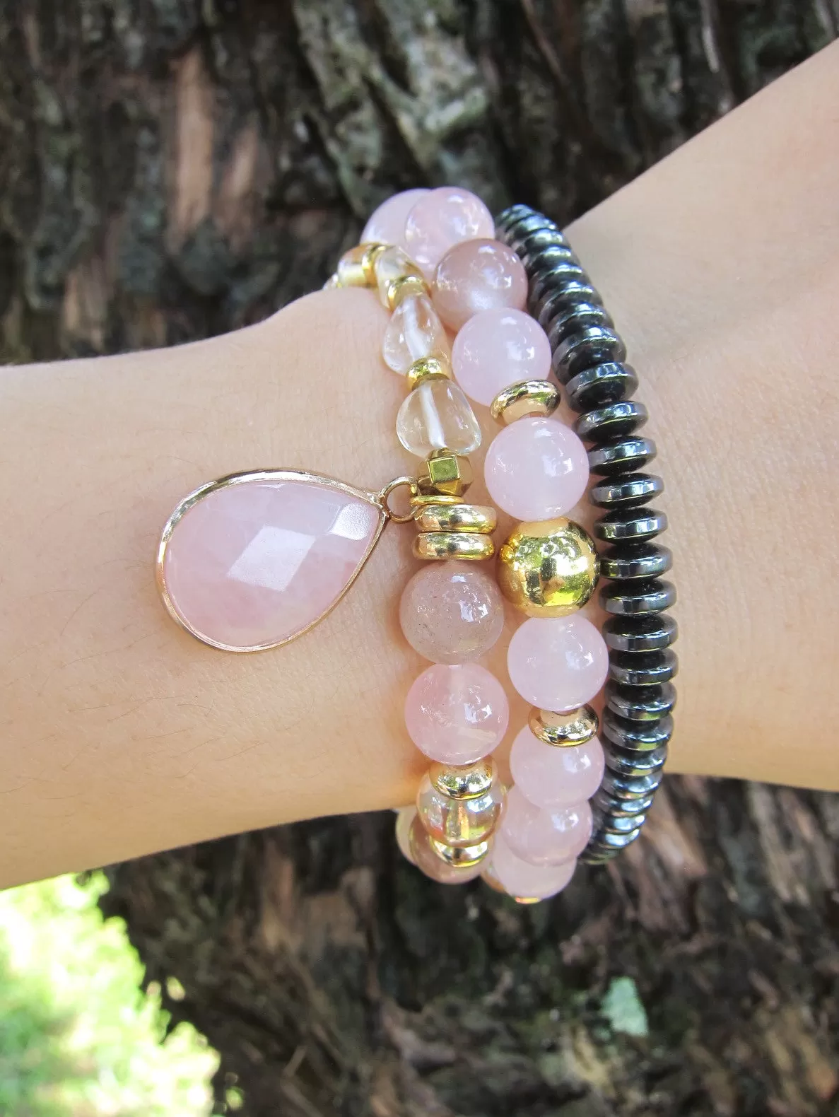 Pink Quartz and Citrine - For Love, Happiness, Good Luck Mala Bracelet