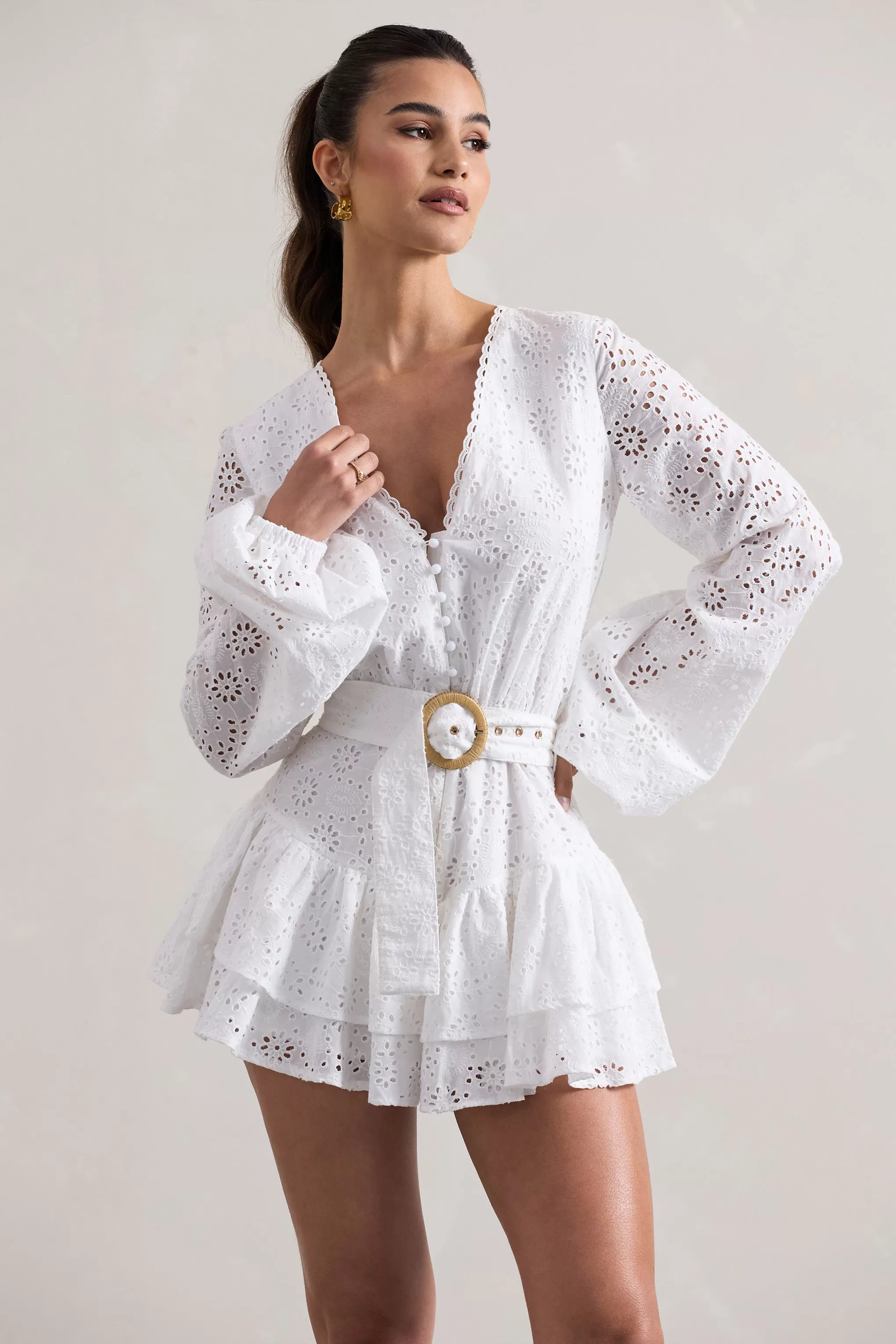 Places To Be | White Broderie Belted Ruffled Playsuit