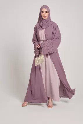 Premium Chiffon Lilac Mist Embellished Cuff Open Abaya