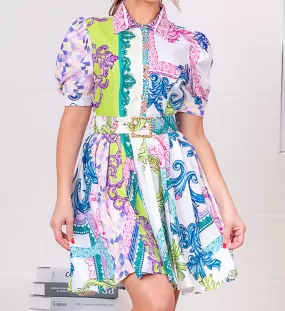 Print Short Sleeve Belted Dress