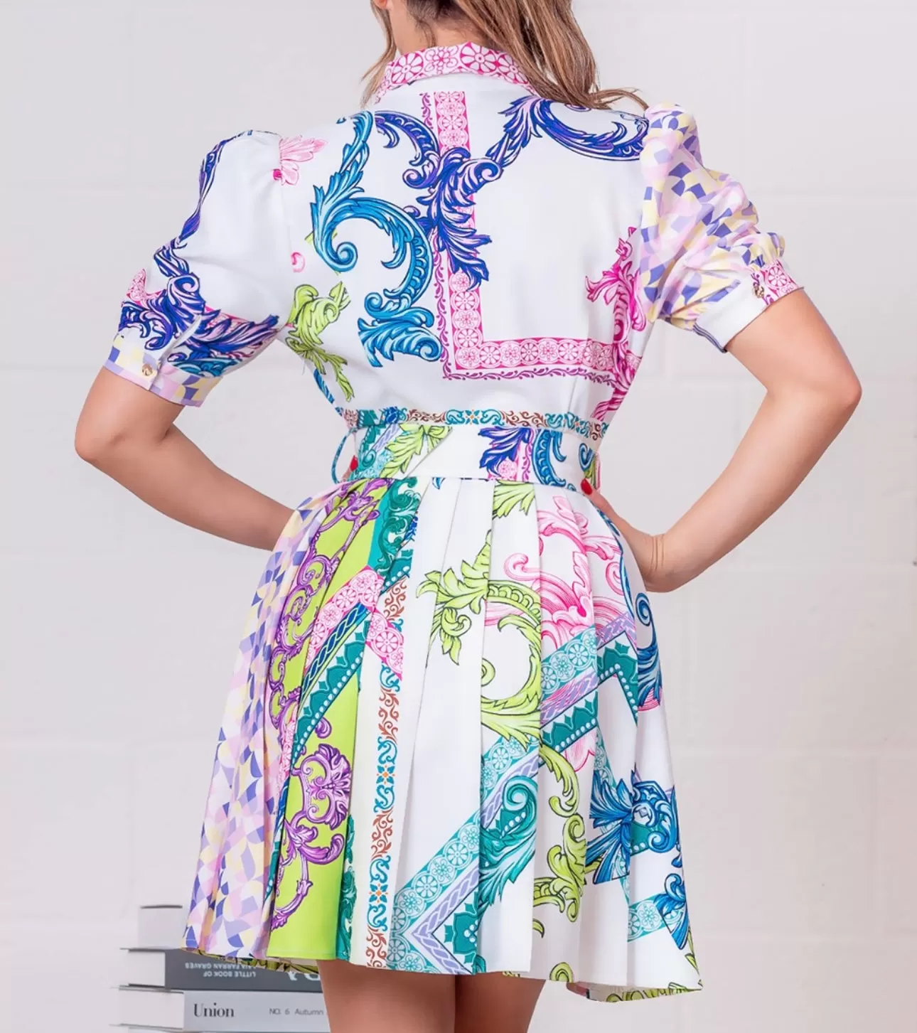 Print Short Sleeve Belted Dress