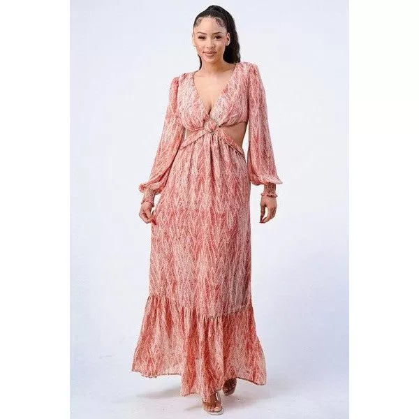 Printed V Neck Self Belted Side Cut Out Ruffled Maxi Dress