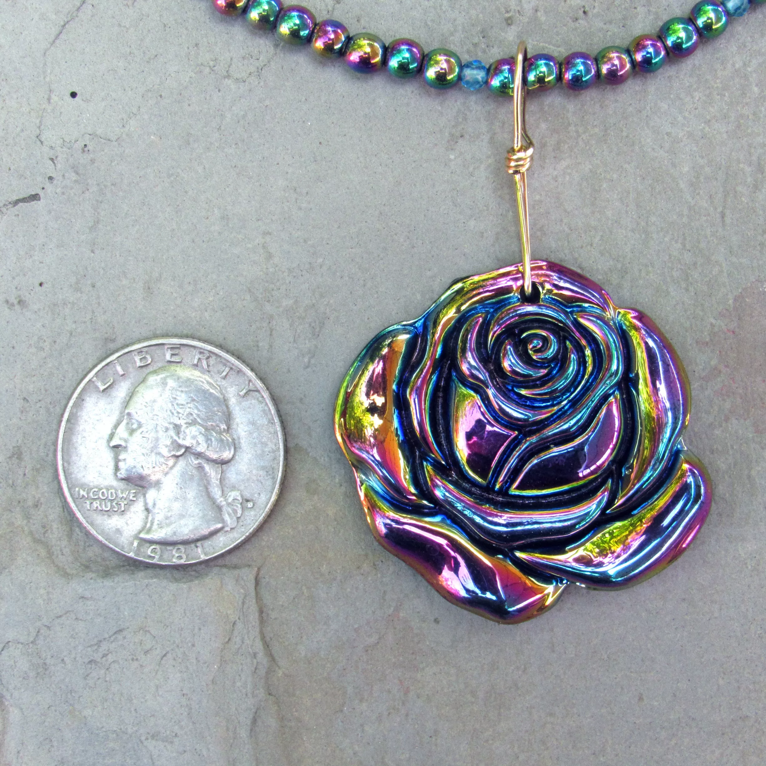 Rainbow Hematite Carved Rose wrapped with Gold Fill Wire on Hematite Gemstone Beaded Necklace