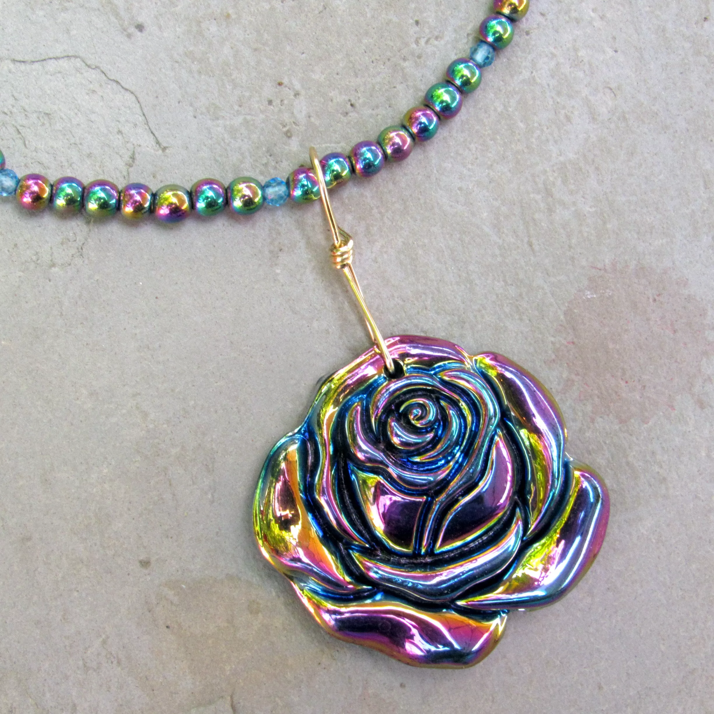 Rainbow Hematite Carved Rose wrapped with Gold Fill Wire on Hematite Gemstone Beaded Necklace