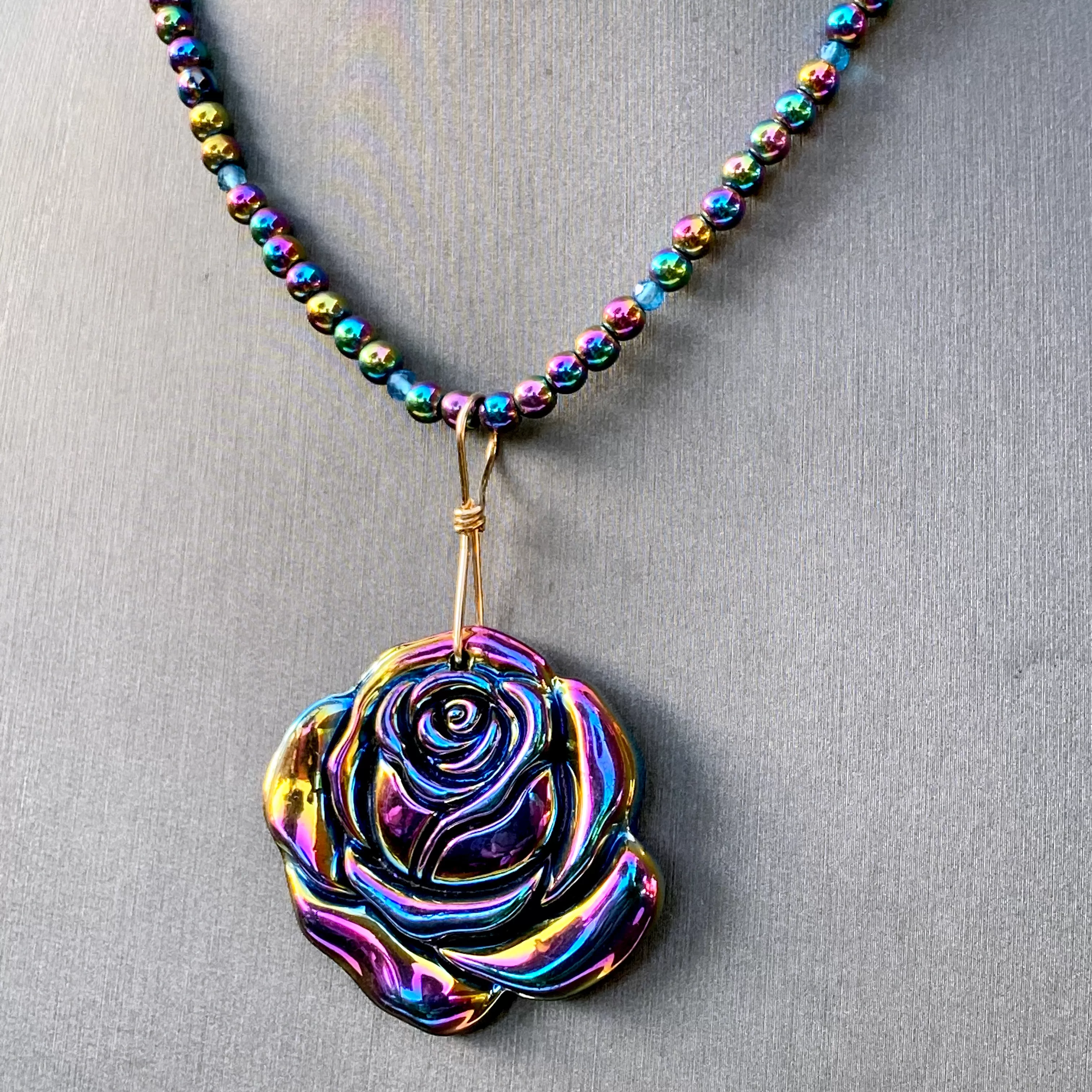 Rainbow Hematite Carved Rose wrapped with Gold Fill Wire on Hematite Gemstone Beaded Necklace