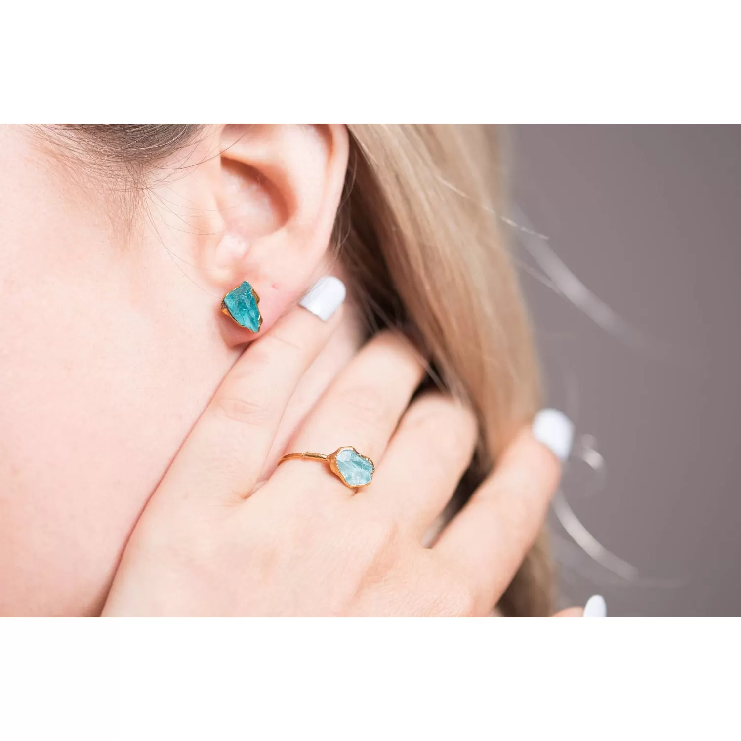 Raw Apatite Stud Earrings in Rose Gold