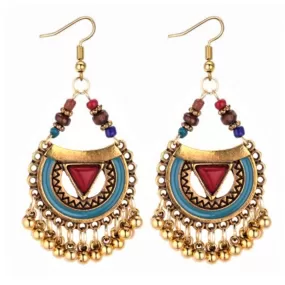 Red and Blue Enamel and Gold Boho Dangle Earrings