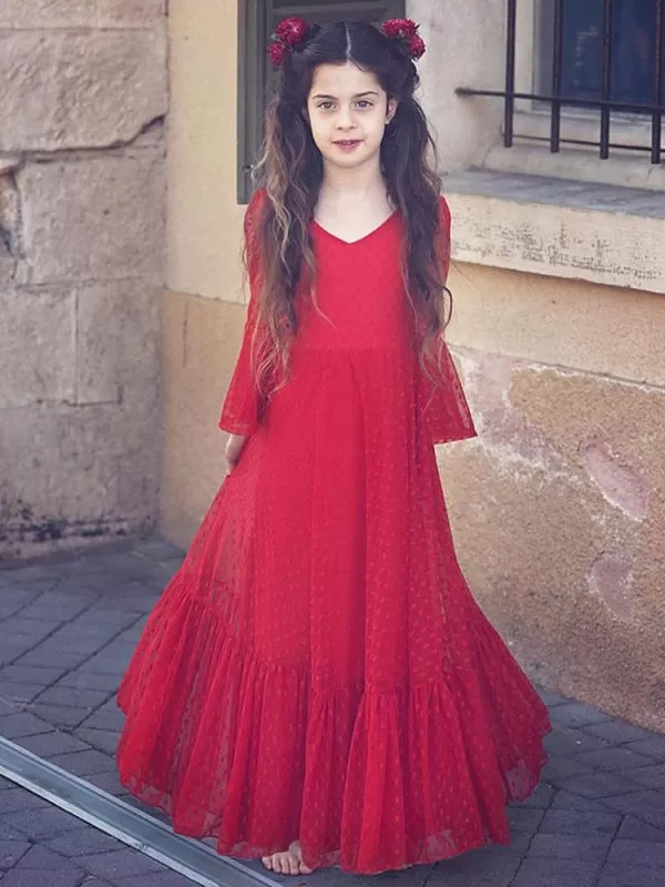 Red V-Neck Long Sleeves Ankle-Length A-Line Lace Formal Kids Party Dresses