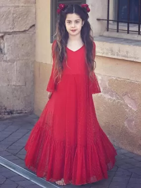 Red V-Neck Long Sleeves Ankle-Length A-Line Lace Formal Kids Party Dresses