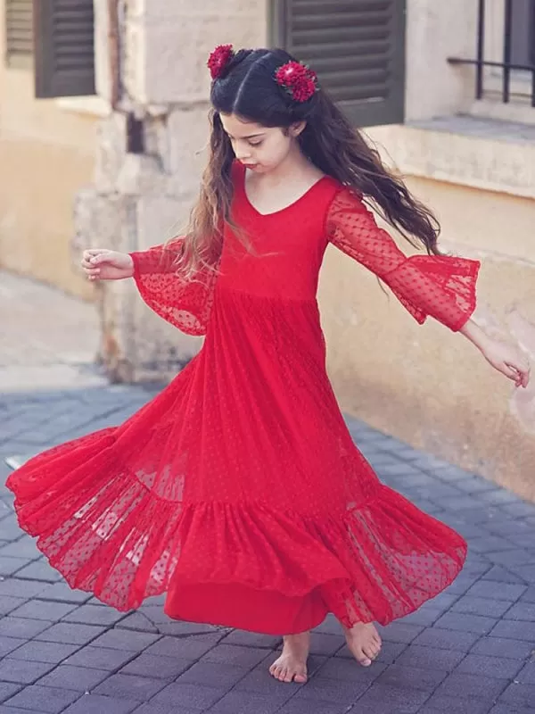 Red V-Neck Long Sleeves Ankle-Length A-Line Lace Formal Kids Party Dresses