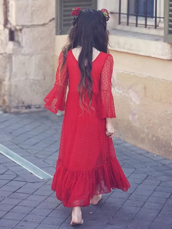 Red V-Neck Long Sleeves Ankle-Length A-Line Lace Formal Kids Party Dresses