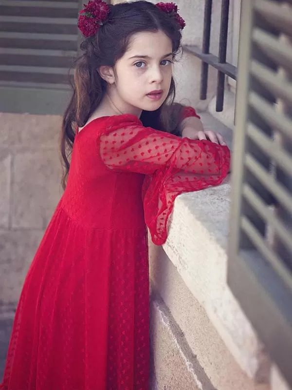 Red V-Neck Long Sleeves Ankle-Length A-Line Lace Formal Kids Party Dresses