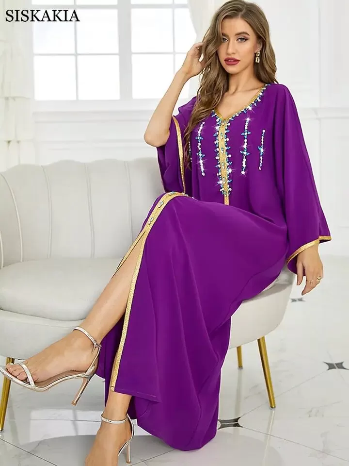 Rhinestone Embroidered Trim Slit Hem Belted Kaftan L X4502621