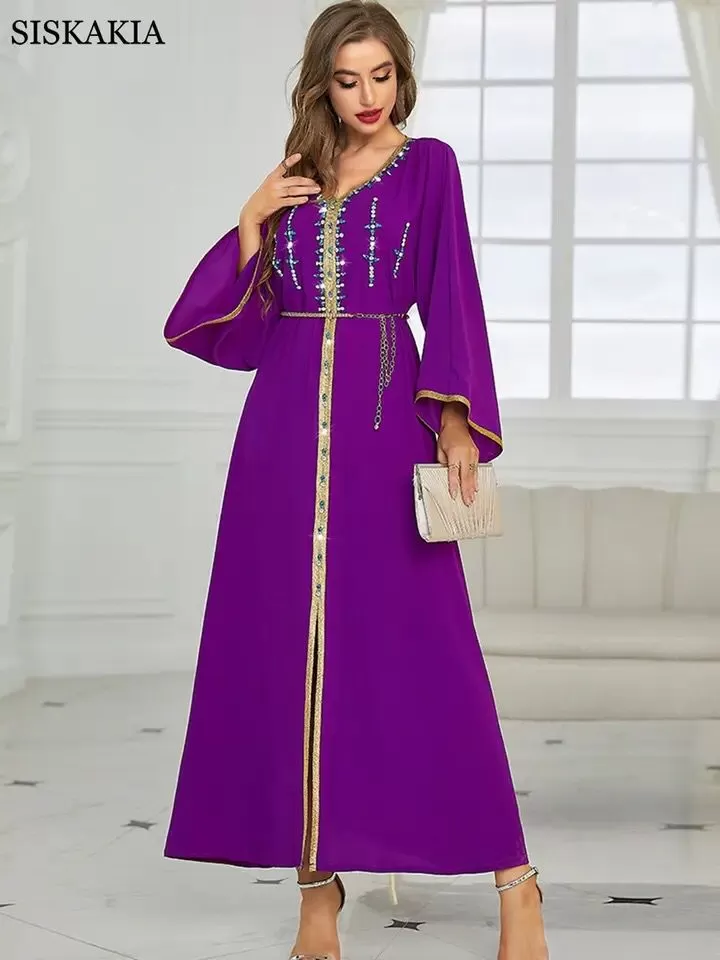 Rhinestone Embroidered Trim Slit Hem Belted Kaftan L X4502621