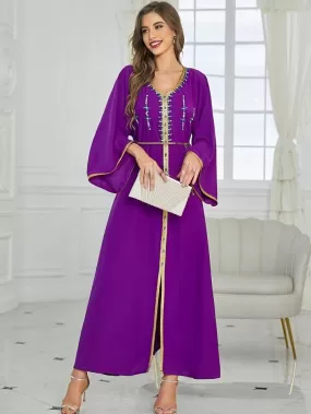 Rhinestone Embroidered Trim Slit Hem Belted Kaftan L X4502621