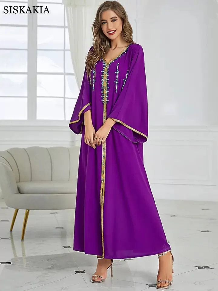 Rhinestone Embroidered Trim Slit Hem Belted Kaftan L X4502621